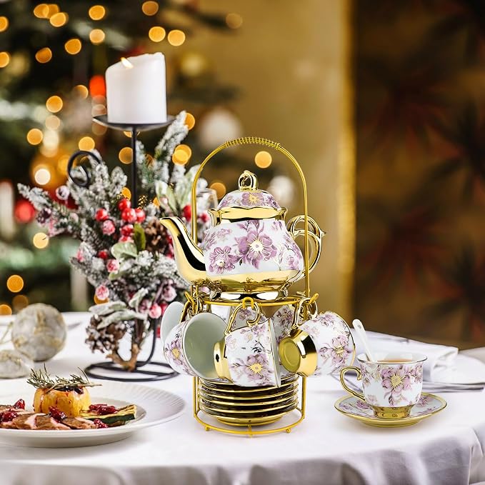 20 Pcs Porcelain Tea Set With Metal Holder, - Image 9