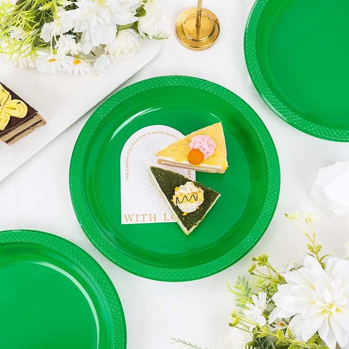 WELLIFE Green Party Plates 7 Inch -150 Count, Plastic Disposable Dessert Plates for New Year Party St. Patrick's Day Easter Cake Appetizers Salad