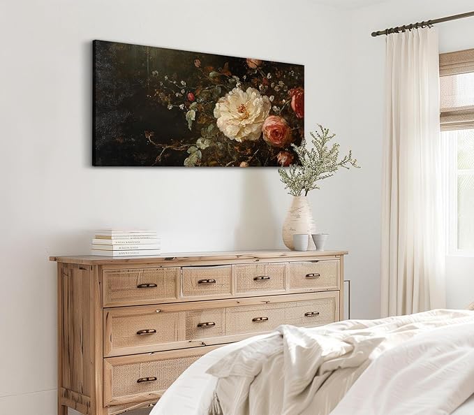 ADJUVANT Wall Art Vintage Peony And Rose Bouquet 60"L x 30"W, White Peony With Pink Roses Canvas Painting Elegant Floral Artwork Prints Botanic Wall Decor for Living Room Bedroom Dining Room Home Office