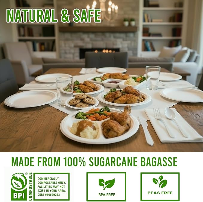 Compostable Heavy Duty Disposable Oval Paper Plates, 150 Count | 12.5 Inch | Natural Bagasse, Biodegradable Eco-Friendly Sugarcane BBQ, Party, Gathering, Picnic White Sugarcane Tray