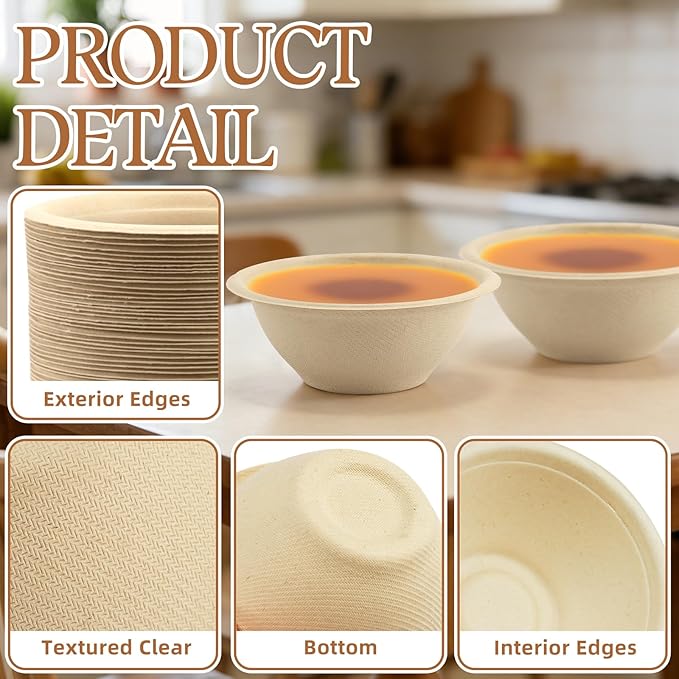 LeonBach 100 Pack 6oz Natural Bagasse Fiber Bowls, Small Disposable Paper Bowls Microwavable Safe Sample Snack Cups Charcuterie Serving Cups for Sauce Portion Condiment Ice Cream Desserts
