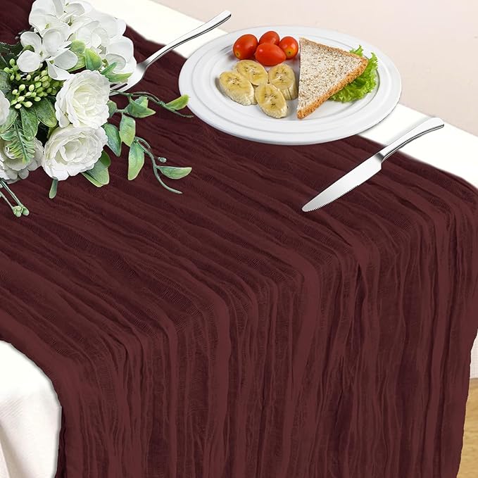 Burgundy Table Runner, 10 Ft 120 in Cheesecloth Table Runner, Rustic Fall Table Runners for Wedding, Party, Bridal Shower, Boho Table Runners for Christmas Thanksgiving Halloween