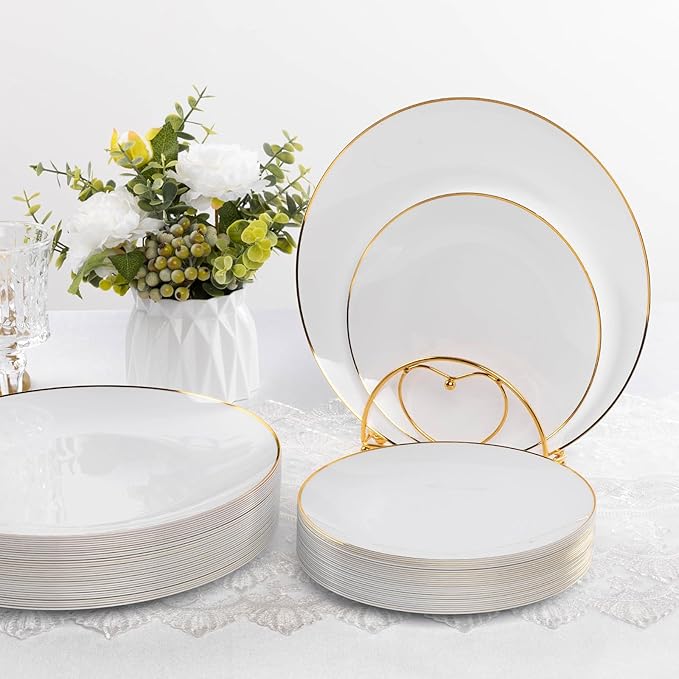 100 PCS Gold and White Plastic Plates, 10 inch White Disposable Plates for Party, Plastic Dinner Plates for Party, Graduation, Birthday, Wedding