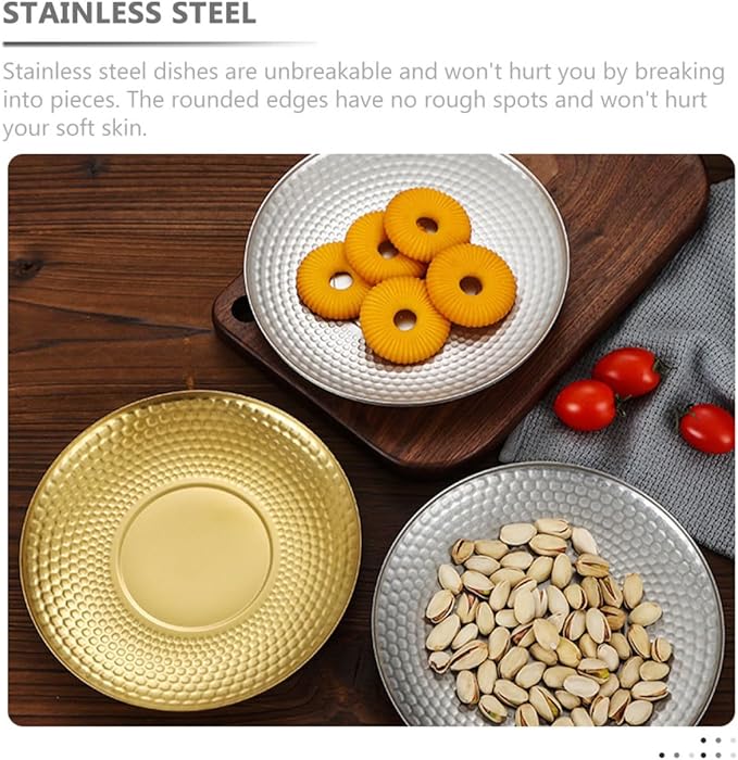 BESPORTBLE Creative Hammer Textured Stainless Steel Fruit Serving Tray Round Dinner Plate for Outdoor Camping and Indoor Use, Vintage Gold Diamond Pattern