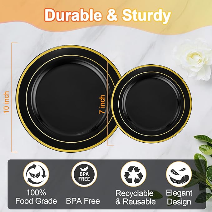 60 PCS Black and Gold Plastic Plates, Disposable Party Black Plates Include 30 10 inch Dinner Plate and 30 7 inch Dessert Plate Perfect for Holiday, Birthday, Wedding & Party