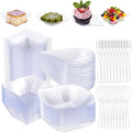 200 Pcs Mini Appetizer Plates Set Including Spoons and Forks, Disposable Mini Dessert Cup 4 Shapes Clear Plastic Dessert Bowls and Serving Trays for Party Wedding Birthday
