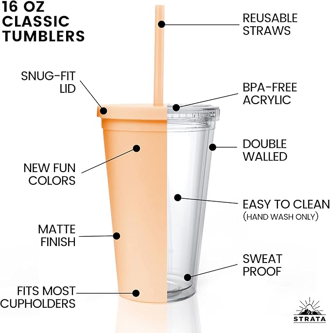 STRATA CUPS 12 Pack - 16 Oz Sunflower Colored Acrylic Tumblers with Lids and Straws, Double Wall Matte Drinking Cups for Travel, DIY Gifts for Parties