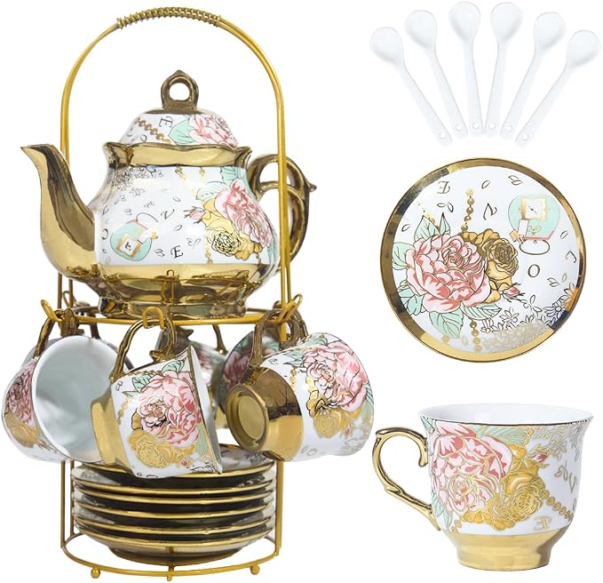 CHANJOON Gold Plated Red Rose Ceramic Tea Set, Vintage Tea Sets by CHANJOON