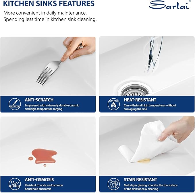 Sarlai White Farmhouse Kitchen Sink - 33x20 Inch Farmhouse Kitchen Sink Flat Apron Front White Ceramic Sinks Single Bowl Farm Farmer Sinks Porcelain Fireclay Basin