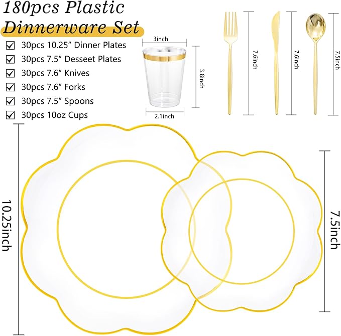 EI 180pcs Clear Plastic Plates with Gold Plastic Silverware, Plate for Party,Clear Dinnerware Set,Heavy Duty Plate for Wedding,Afternoon Tea,Spring,Mother's Day,Valentine's Day,Easter