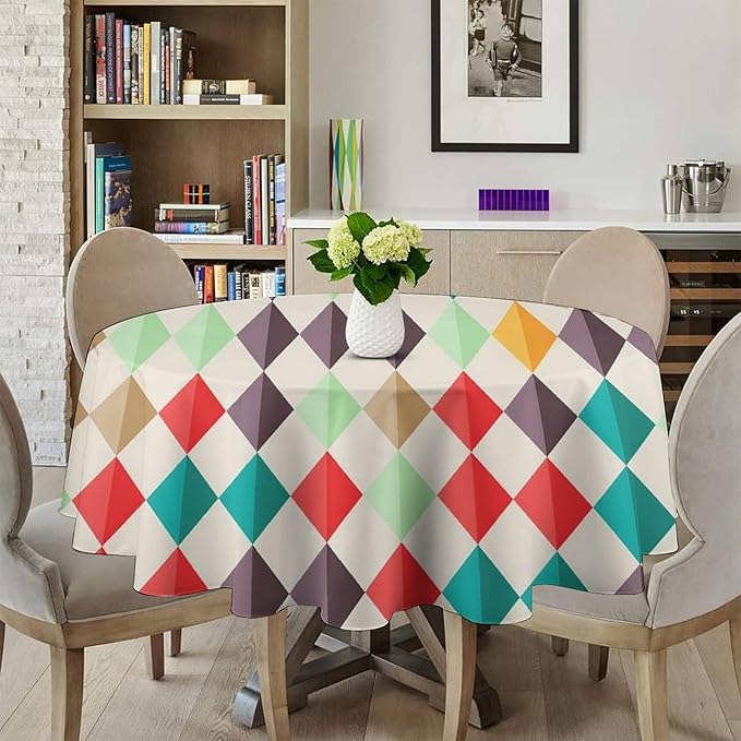 Abstract Geometric Round Tablecloth, Modern Mid Century Background Mid Century Colorful Print Pattern Tablecloth for Home Party Dining Room Kitchen Decor 50Inch(127cm)