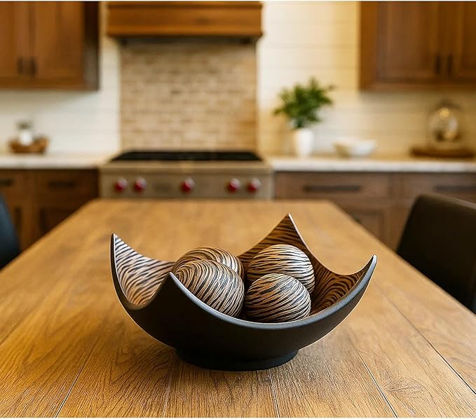 Seraphic 5pc Large Decorative Scoop Bowl Set with Stylish Orbs/Balls – Elegant Centerpiece for Dining/Kitchen Table, Living Room, or Office Decor, 14" diagonal. 11" wide and 5.75" tall, Brown