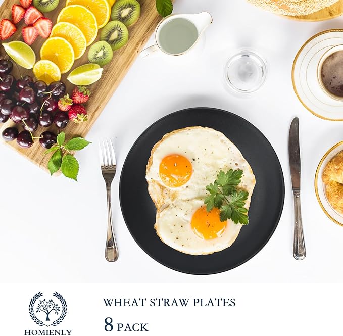 Homienly Black Dinner Plates Set of 8, 10 inch, Reusable, Unbreakable, Microwave & Dishwasher Safe, Wheat Straw Plates for Camping, Kitchen, Party, All Occasions
