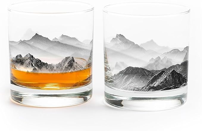 Black Lantern Set of 2 Whiskey Glasses Old Fashioned Glasses for Cocktails Whisky Scotch and Bourbon, Two Premium 11oz. Tumbler Glasses with Mountain and Clouds Screen Printed Design
