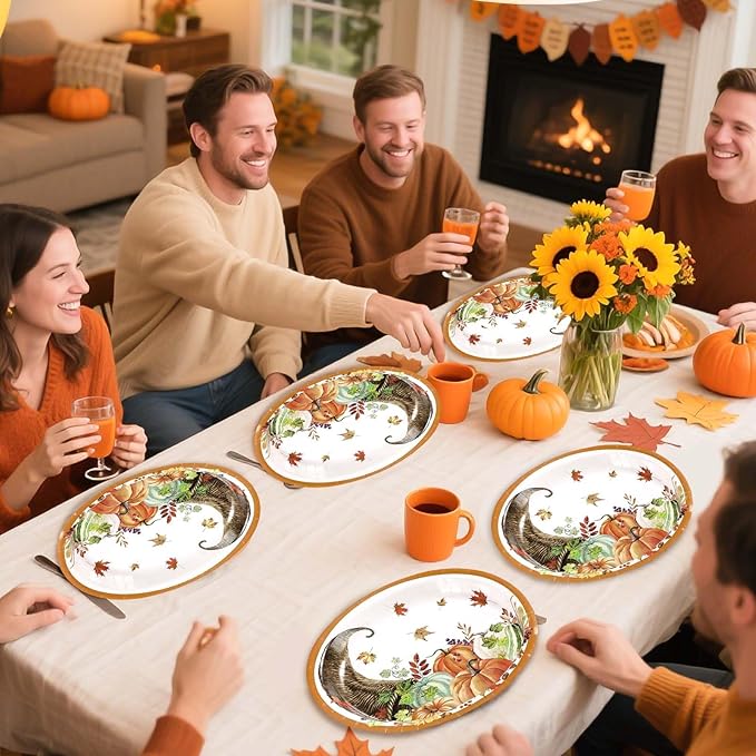 Grencian 50Pcs Thanksgiving Oval Paper Plates Thanksgiving Harvest Plates 10" X 12" Large Disposable Fall Pumpkin Cornucopia Platter Rustic Farmhouse Tableware for Autumn Harvest Party Decorations