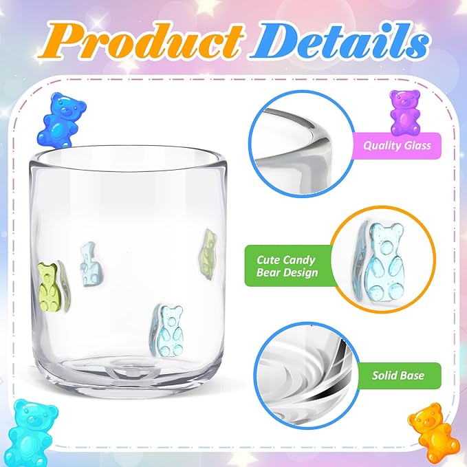 Icon Juice Glasses, 14oz Stemless Wine Drinking Juice Glass Cup for Valentine Party Supplies Gift(2 Pcs,Candy Bear)