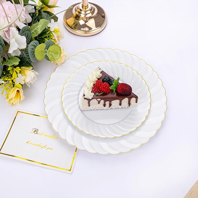 U-QE 100 Pieces Gold Plastic Plates - Premium White Plastic Plates for Party, Wedding and Daily Use Including 50PCS 9 '' Plastic Dinner Plates & 50PCS 6.5 '' Plastic Dessert Plates