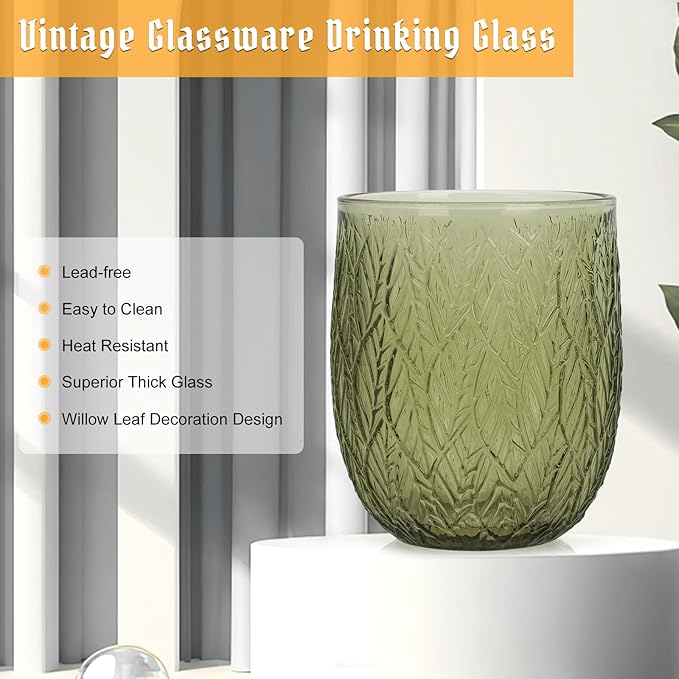 Topsky Vintage Colored Glassware Set of 6,12 oz Green Willow Leaf Drinking Glasses Set,Blue Drinkware Glasses for Wine,Cocktail,juice,Heavy Duty Glass Cups