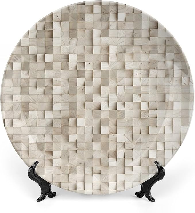 Ceramic Display Plate, Abstract Ceramic Hanging Decorative Plate, Wooden Cubes Print, 10 Inch, Living Room Kitchen Decoration Household, Tan
