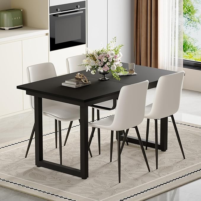 Extendable Dining Table Set for 8, 55"–71" Modern Black Kitchen Table with 8 Upholstered Chairs, Space-Saving for Living Room Apartment, Sturdy & Comfortable, Easy Assembly