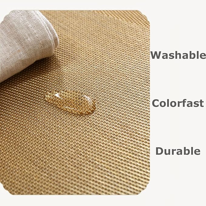Wedge Placemats for Round Dinner Table Woven Vinyl Wipe Clean Non Slip Plastic Table Mats Set of 6（Champagne）