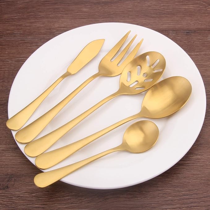 Matte Gold Serving Set，SHARECOOK 5-Piece 18/0 Stainless Steel Large Hostess Set - Image 6