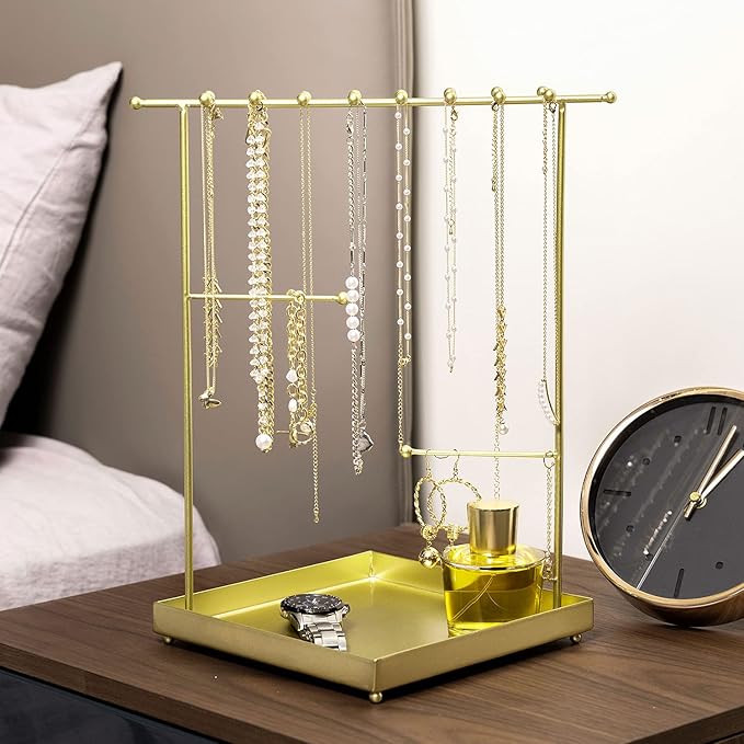 MyGift Matte Metal T Bar Jewelry Stand Organizer with Ring Tray, 3 Bracelet and Necklace Bars and 2 Earring Storage Hanger Bars for 18 pairs of Earrings (Brass)