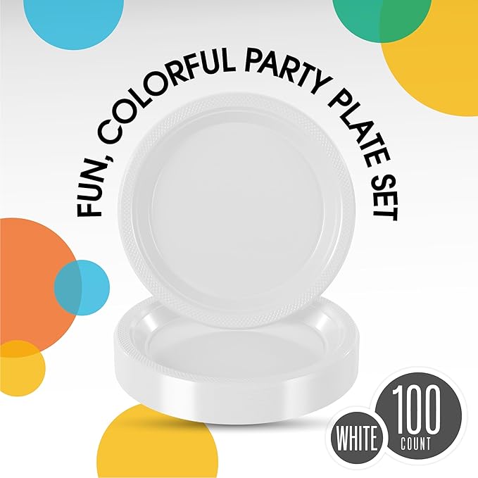 White Plastic Plates For Party 10" White Disposable Plates Heavy Duty 100 Pcs Plastic Dinnerware Sets Heavy Duty 350 GSM Disposable Dinnerware Set