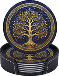 Drink Coasters with Holder Stand Set of 6, Tree of Life Gold Pu Leather by Unknown