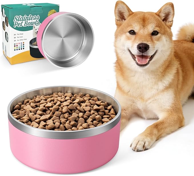 IKITCHEN Dog Bowl for Food and Water, 64 Oz Stainless Steel Pet Feeding Bowl, Durable Non-Skid Double Wall Insulated Heavy Duty with Rubber Bottom for Medium Large Dogs (64 Ounces/8 Cup, Pink)
