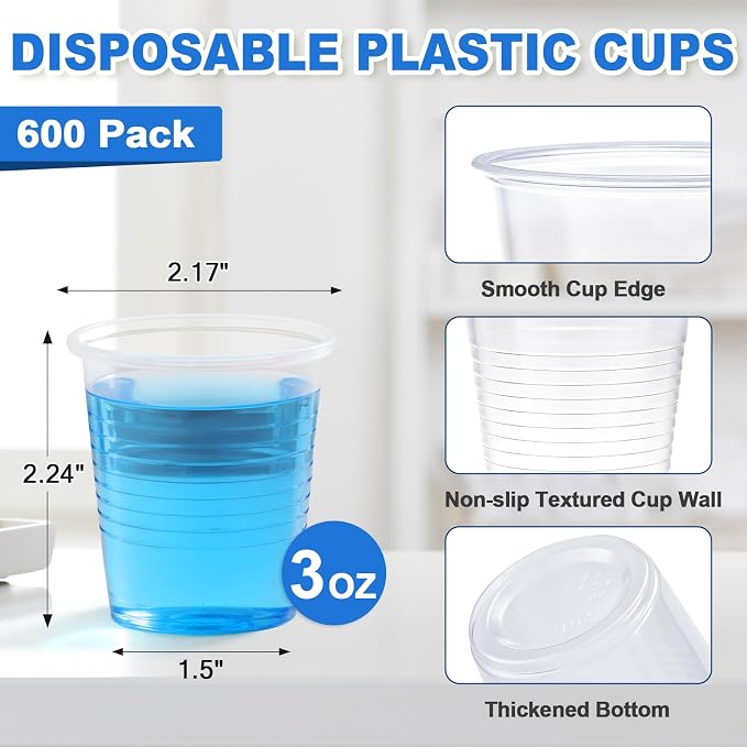 SIUQ 600 Pack 3 oz Clear Plastic Cups, Disposable Bathroom Mouthwash Cups | - Image 2