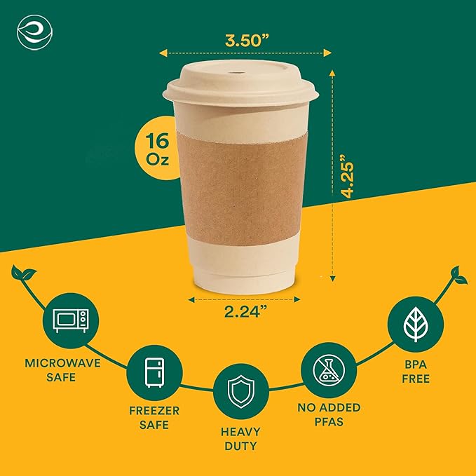 ECO SOUL 100 Pack 16 oz Disposable Coffee Cups with Lids & Sleeves Eco-Friendly, Biodegradable, Compostable, Leak-free & Sturdy To Go Hot Drink Cup for Tea, Chocolate Party Travel Cafe Office & Home