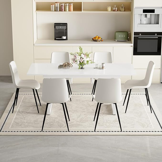 White Dining Table Set for 6, 55"-71" Extendable Dining Room Table Set for 6, Modern Kitchen Table with 6 Upholstered Chairs, Space-Saving for Dining Room Apartment, Easy Assembly