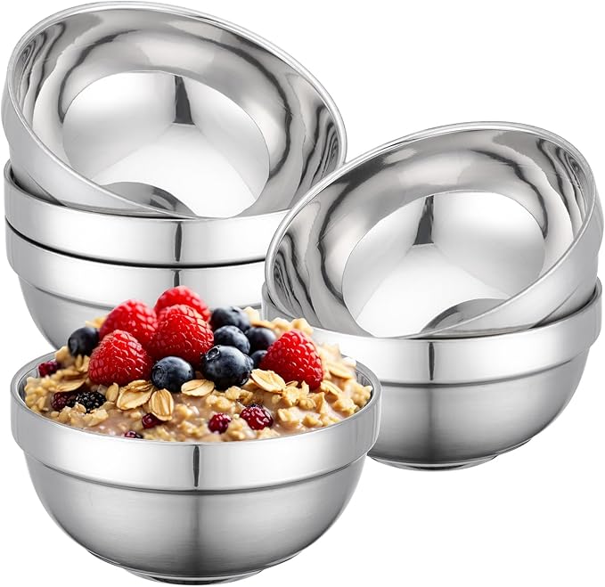 Stainless Steel Bowls, 6 Pack 5.1in 15.9oz 470ml Mini Small SUS304 Double Wall Insulated Stackable Metal Eating Bowl Containers for Serving Snacks Ice Cream Soup Cereal Food Rice Salad