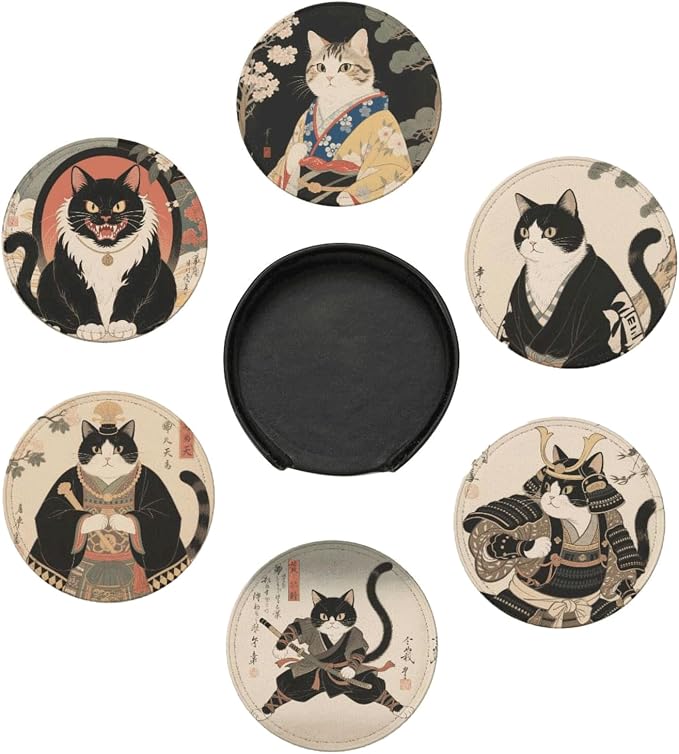 6 Pcs Japanese Cat Drink Coasters by Cayiibe