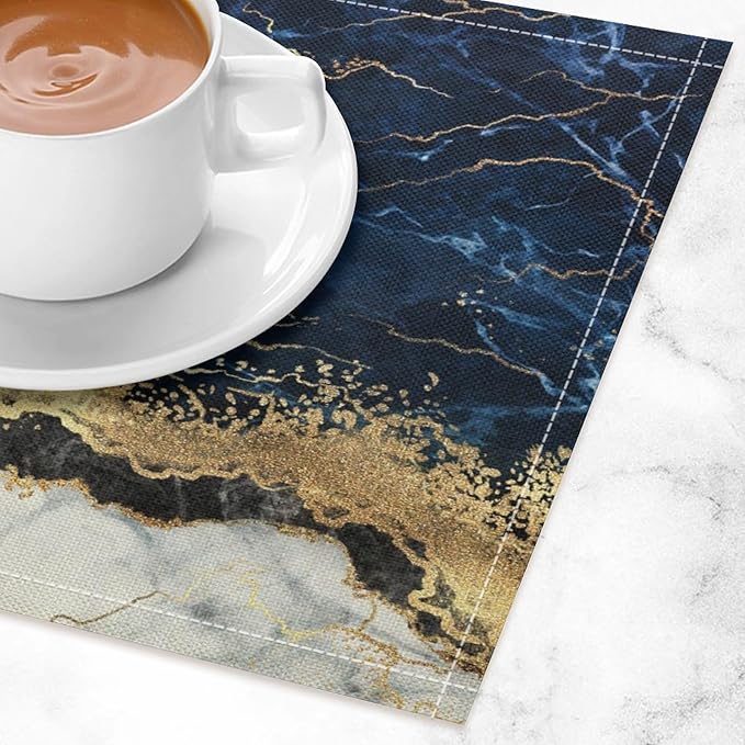Marble Linen Placemats Set of 2, 12x17 Inch Modern Luxury Foil Cracked Texture Navy Blue Gold Marble Table Mats Washable Fabric Place for Party Kitchen Wedding Dining Banquets Decor