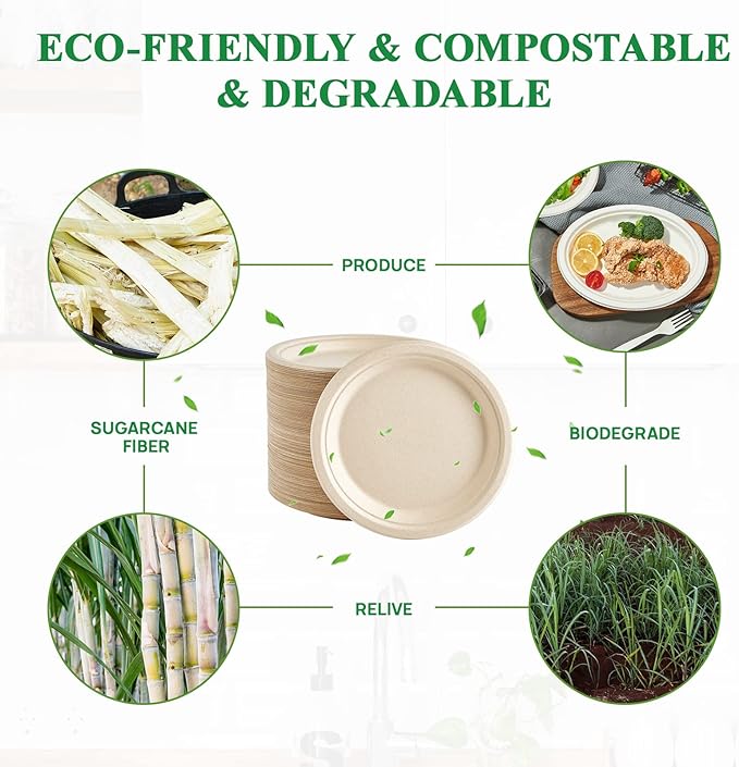 Vplus 500 Pack Paper Plates 9 inch 100% Compostable, Heavy-Duty Disposable Paper Plates Bagasse Natural Biodegradable Eco-Friendly Sugarcane（Nature）
