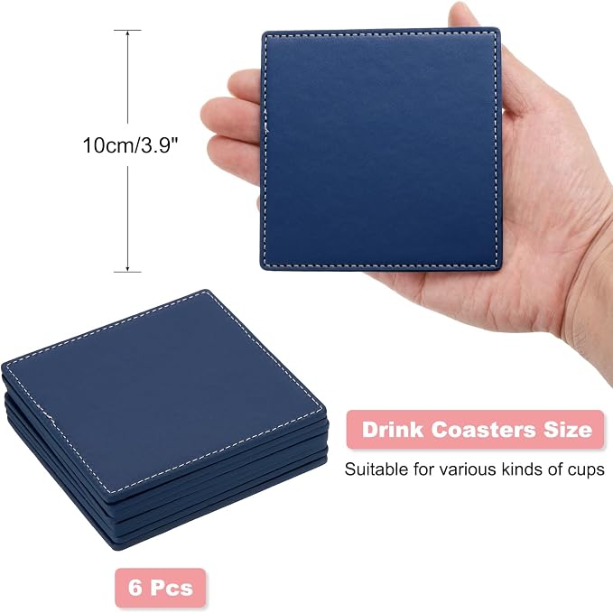 uxcell Square Drink Coasters Set of 6 White Stitched Dual Sided Non-Slip - Image 2