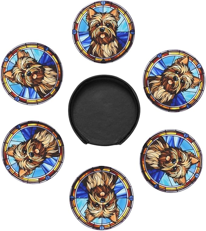 Drink Coaster Set of 6, Yorkshire Terrier Dog Mom Lover Gift,Leather Drink Coasters with Holder,6 Pack Cup/Bar/Drink Coasters for Table/Drinks/Coffee Protection Housewarming Gift