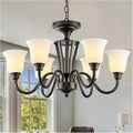 6-Light Dining Room Light Fixture Black，Industrial Farmhouse Pendant Light with White Frosted Glass Shades, Rustic Vintage Hanging Chandelier for Kitchen Island，Living Room&Home Decor