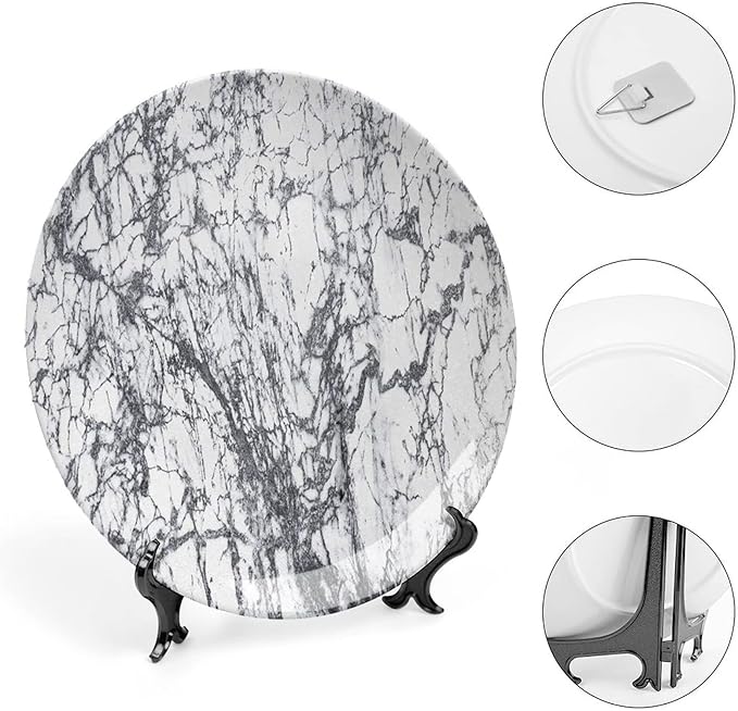 Ceramic Display Plate, Abstract Ceramic Hanging Decorative Plate, Murky Marble Rock Motifs Dynamic Fractal, 7 Inch, Living Room Kitchen Decoration Household, Grey White