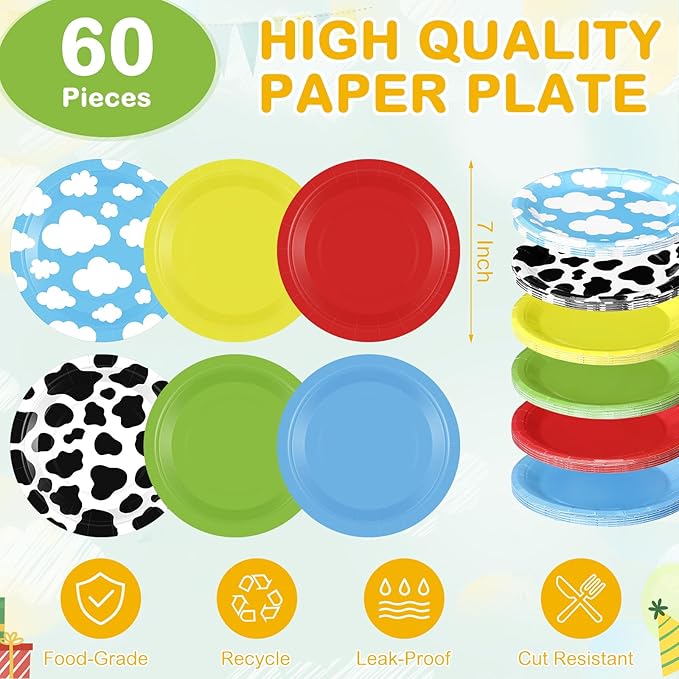 60 Pcs 7 Inch Toy Inspired Paper Plates Cow Pattern Cloud Plates Decorations Yellow Red Blue Green Disposable Dessert Dish for Party Farm Themed Birthday Party Supplies