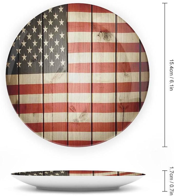 Ceramic Plates, American Flag Decor Decorative Ceramic Plates, USA Flag Over Vertical Striped Wooden Board, 8 Inch, for Dining, Parties, Wedding, Blue Red