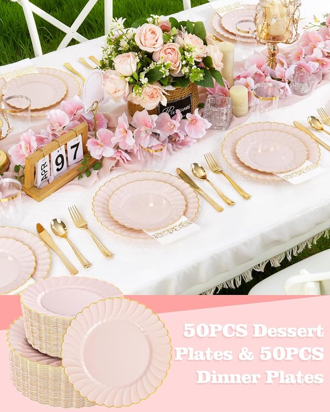 YOUBET 100PCS Pink and Gold Scalloped Plastic Plates - Image 4