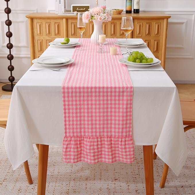 Coral Pink White Plaid Gingham Ruffle Table Runner 72 inches Long 100% Washed by KMASANIJI