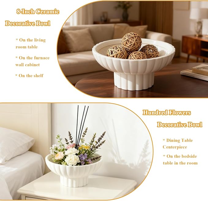 Handmade Glossy Ceramic Decorative Footed Bowl, 8 Inch Small Modern Pedestal Bowl,Fluted Decorative Bowl for Coffee Table,Key Bowl for Entryway Table,Ceramic Catch All Bowl for Home Decor