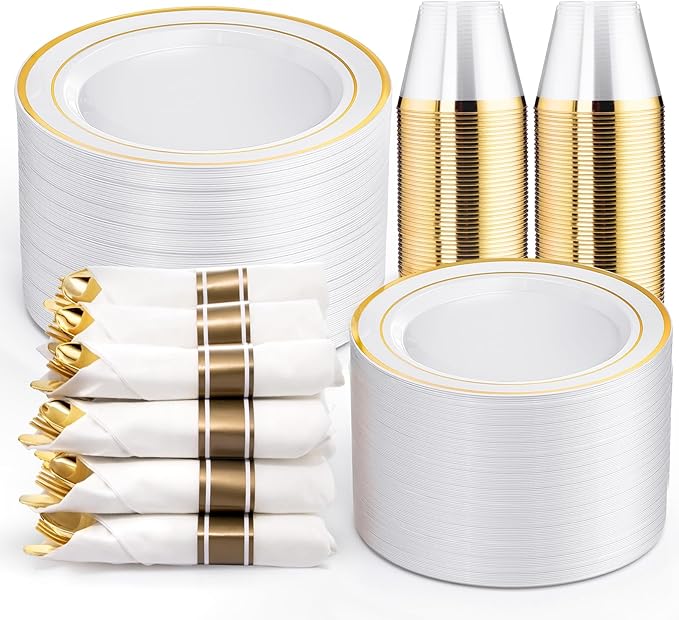 WELLIFE 350-Piece Gold Disposable Plates and Cutlery Set by WELLIFE