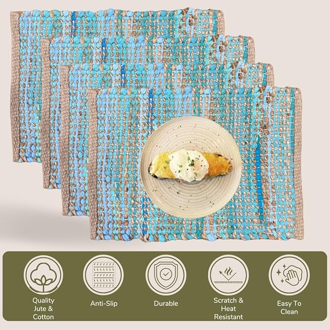 Perilla Home Natural Chindi Jute Placemats Set of 4 Vintage Boho 13x19 Inch Table Mats for Kitchen Dining Home Decor Rectangle Turquoise Stripe Rustic Placemat