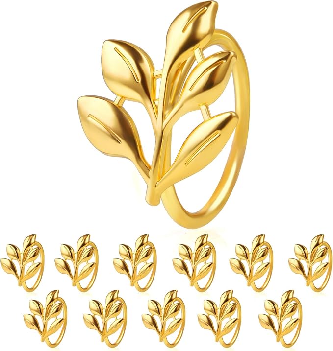 Leaf Napkin Ring Holder Set of 12 Gold Metal | Dining Table Decor, Wedding by URWOOW