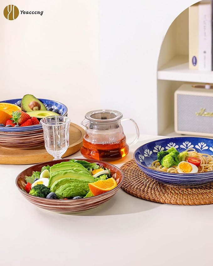 Yeacccng Pasta Bowls Set of 6, 35 Oz Ceramic Large Salad Bowl, 8.5 Inch Colorful Serving Bowls for Kitchen, Dishwasher & Microwave Safe, Scratch-Resistant, Lead-Free (Brown*6)